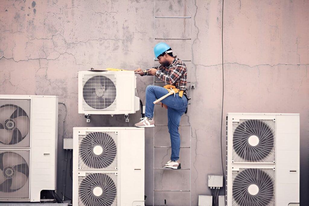 Technician repairing one AC fan among multiple fans.