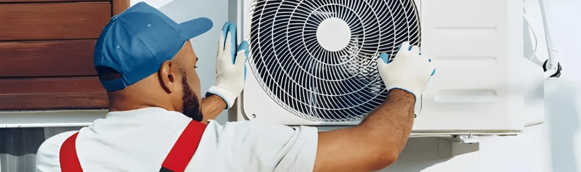AC repair expert inspecting air conditioner for cooling problems in JVC