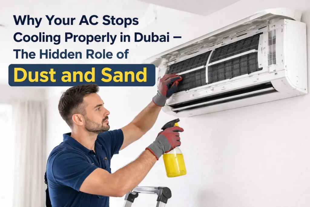 A team member clean the air conditioner with chemicals