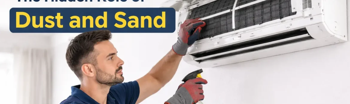 A team member clean the air conditioner with chemicals