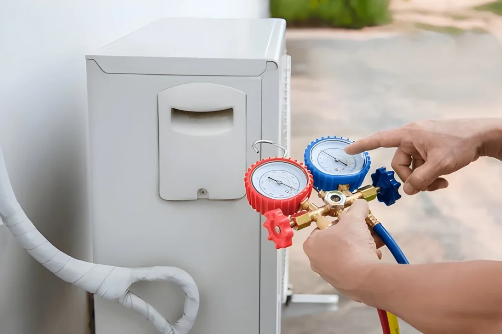 Air conditioning, HVAC service technician using gauges