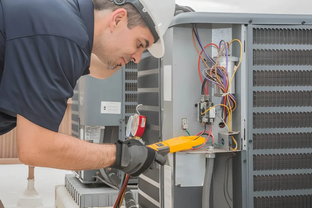 Professional hvac technician measuring amperage
